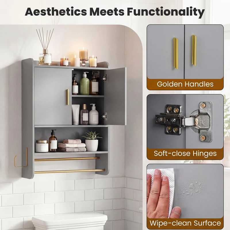 Wall Mounted Medicine Cabinet with Towel Bars, Grey