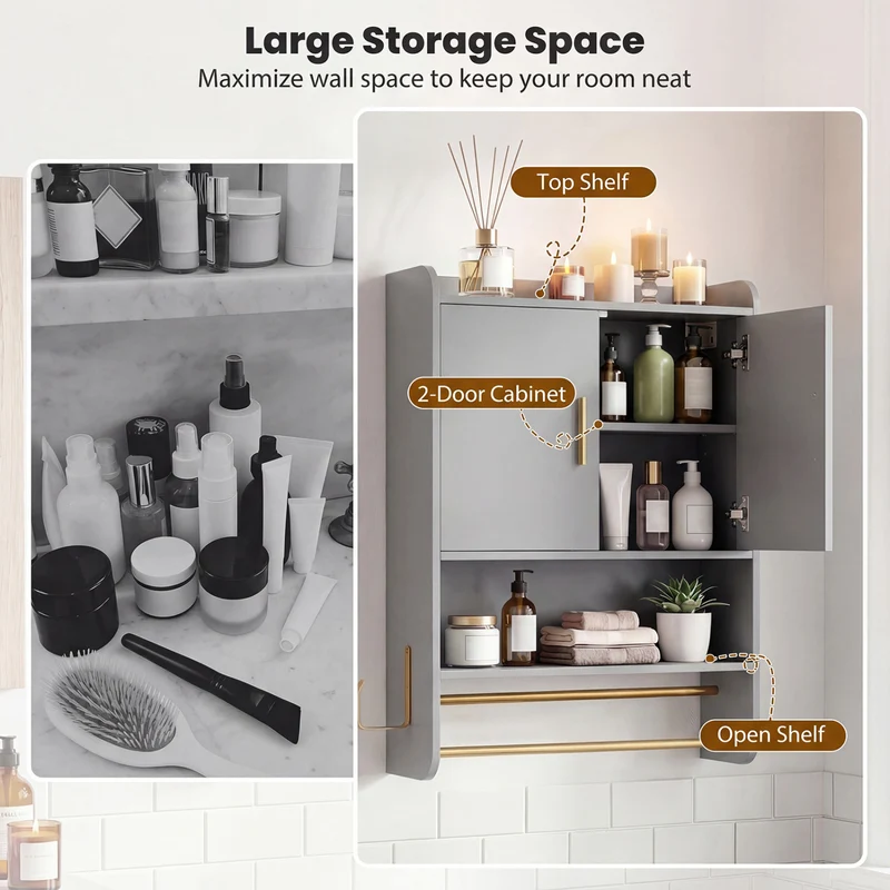 Wall Mounted Medicine Cabinet with Towel Bars, Grey