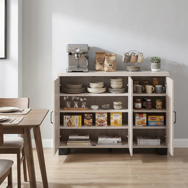 3-Door Buffet Sideboard, Adjustable Shelves, Anti-Tipping Kits, White Wash, White
