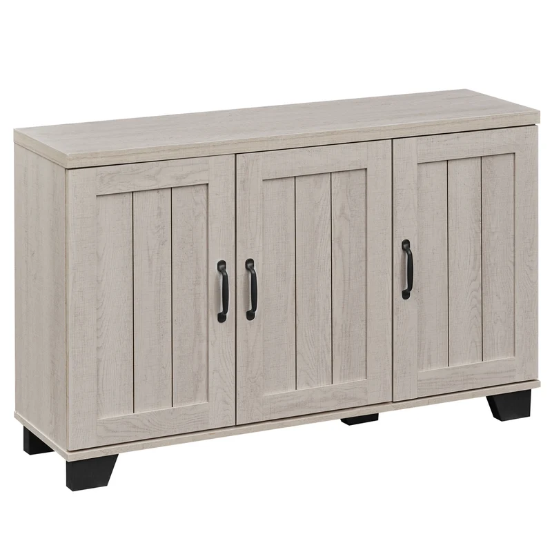 3-Door Buffet Sideboard, Adjustable Shelves, Anti-Tipping Kits, White Wash, White