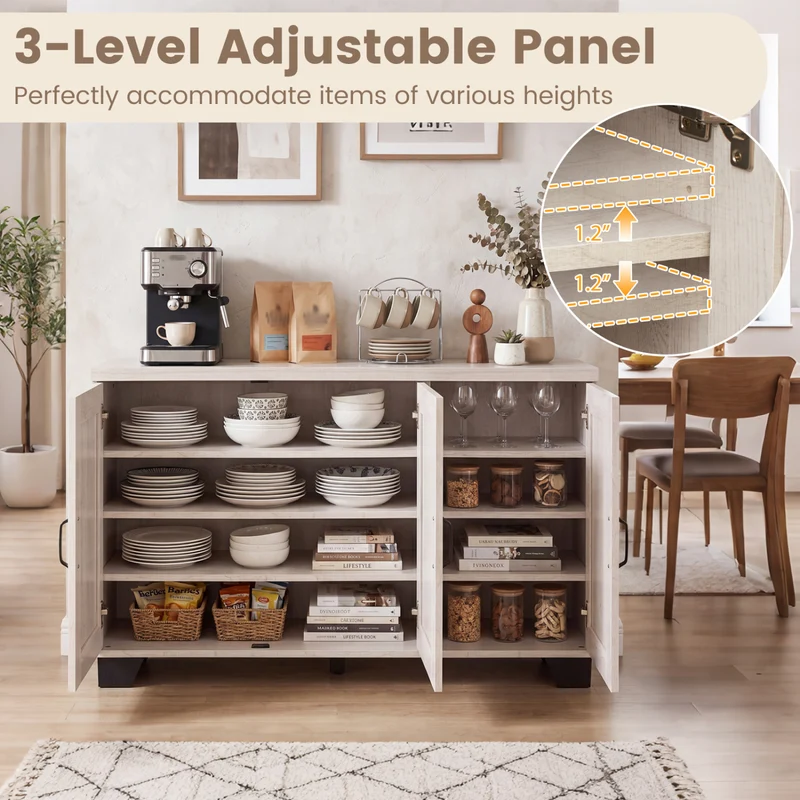 3-Door Buffet Sideboard, Adjustable Shelves, Anti-Tipping Kits, White Wash, White