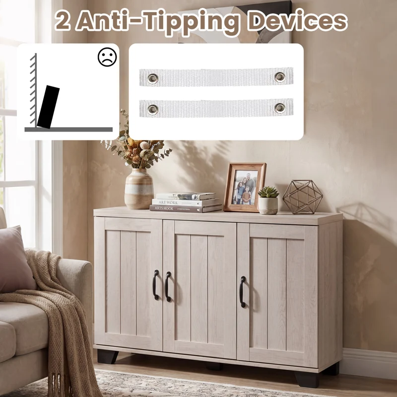 3-Door Buffet Sideboard, Adjustable Shelves, Anti-Tipping Kits, White Wash, White