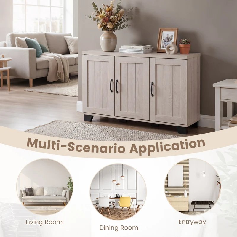 3-Door Buffet Sideboard, Adjustable Shelves, Anti-Tipping Kits, White Wash, White