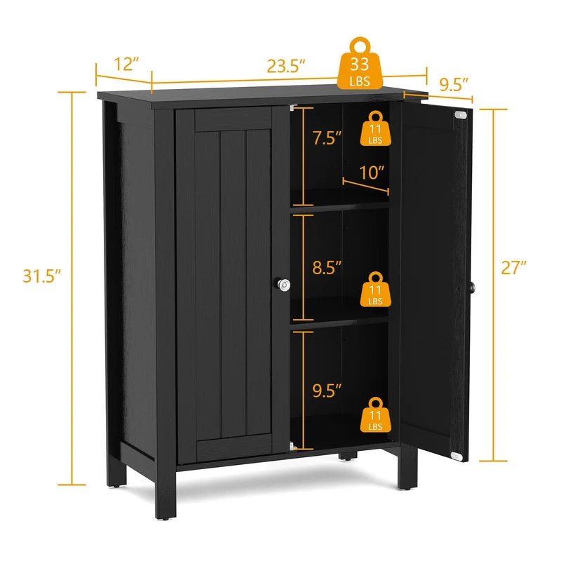2-Door Bathroom Floor Storage Cabinet, Black