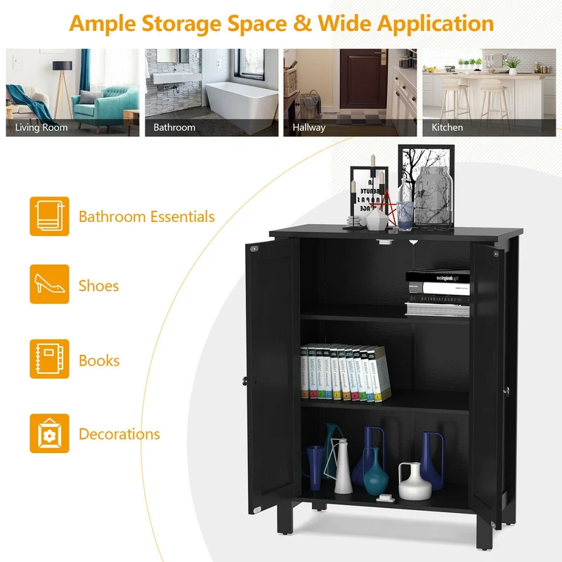 2-Door Bathroom Floor Storage Cabinet, Black
