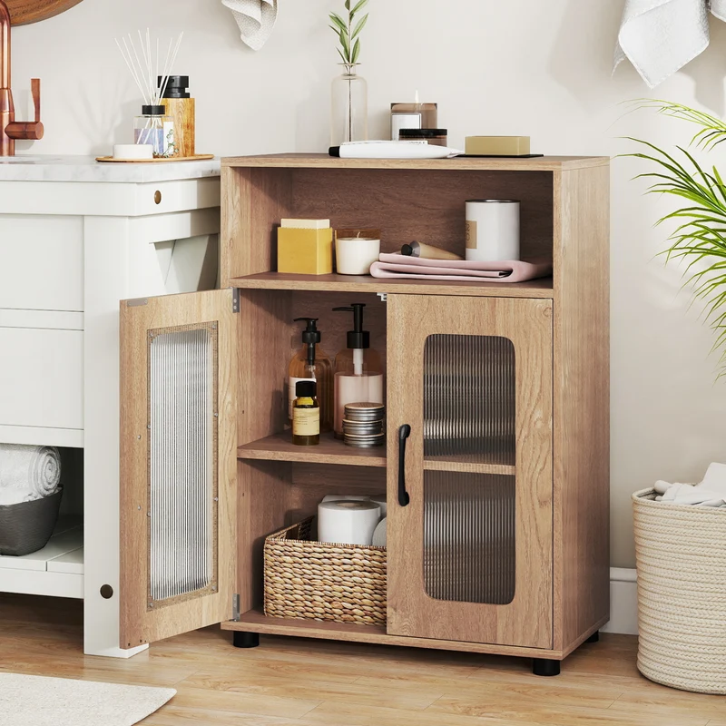 Bathroom Cabinet Freestanding Cabinet with 2 Doors and 3-Level Adjustable Shelf, Natural