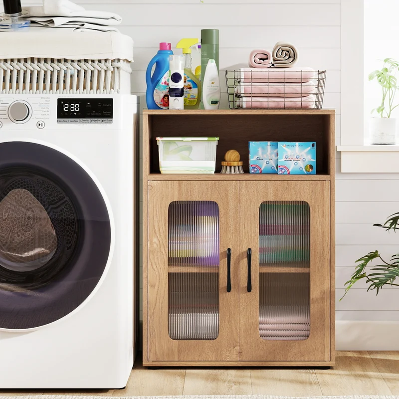 Bathroom Cabinet Freestanding Cabinet with 2 Doors and 3-Level Adjustable Shelf, Natural