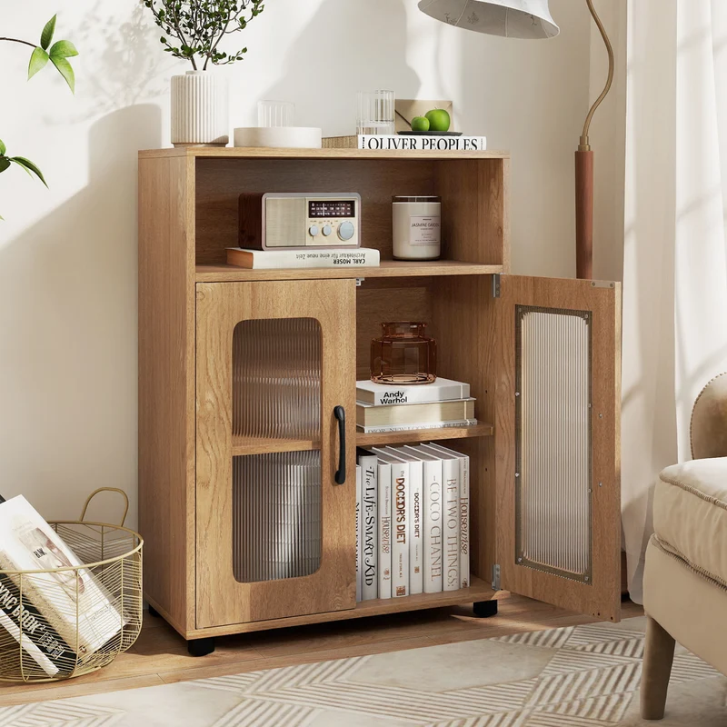 Bathroom Cabinet Freestanding Cabinet with 2 Doors and 3-Level Adjustable Shelf, Natural