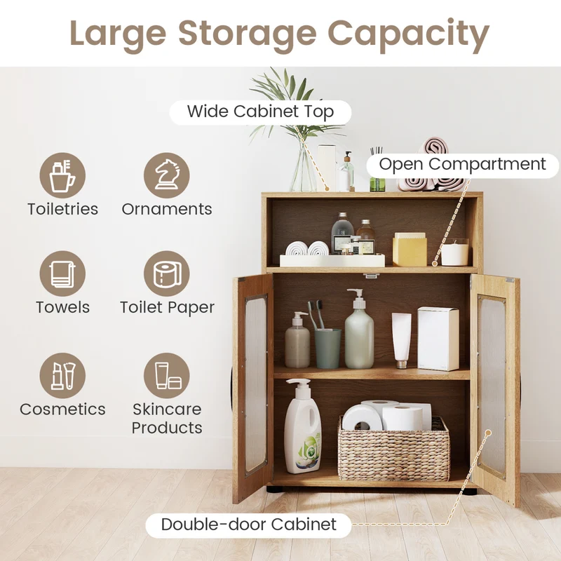 Bathroom Cabinet Freestanding Cabinet with 2 Doors and 3-Level Adjustable Shelf, Natural