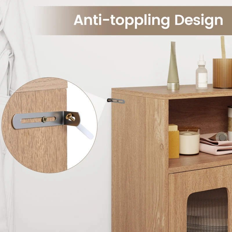 Bathroom Cabinet Freestanding Cabinet with 2 Doors and 3-Level Adjustable Shelf, Natural
