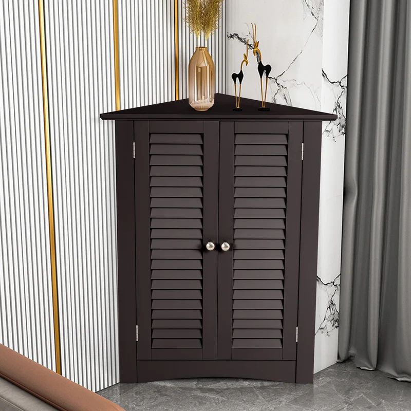 Corner Storage Cabinet, Freestanding Floor, Shutter Door, Brown