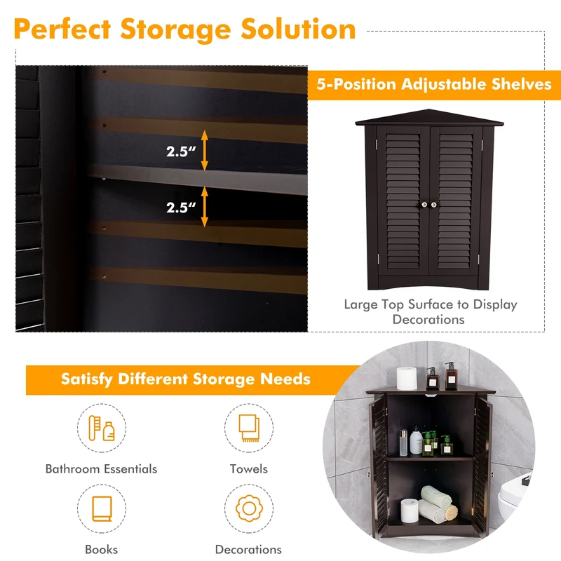 Corner Storage Cabinet, Freestanding Floor, Shutter Door, Brown