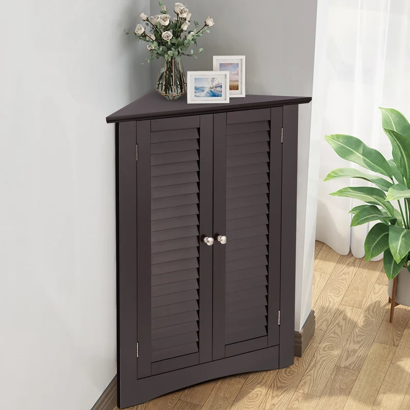 Corner Storage Cabinet, Freestanding Floor, Shutter Door, Brown