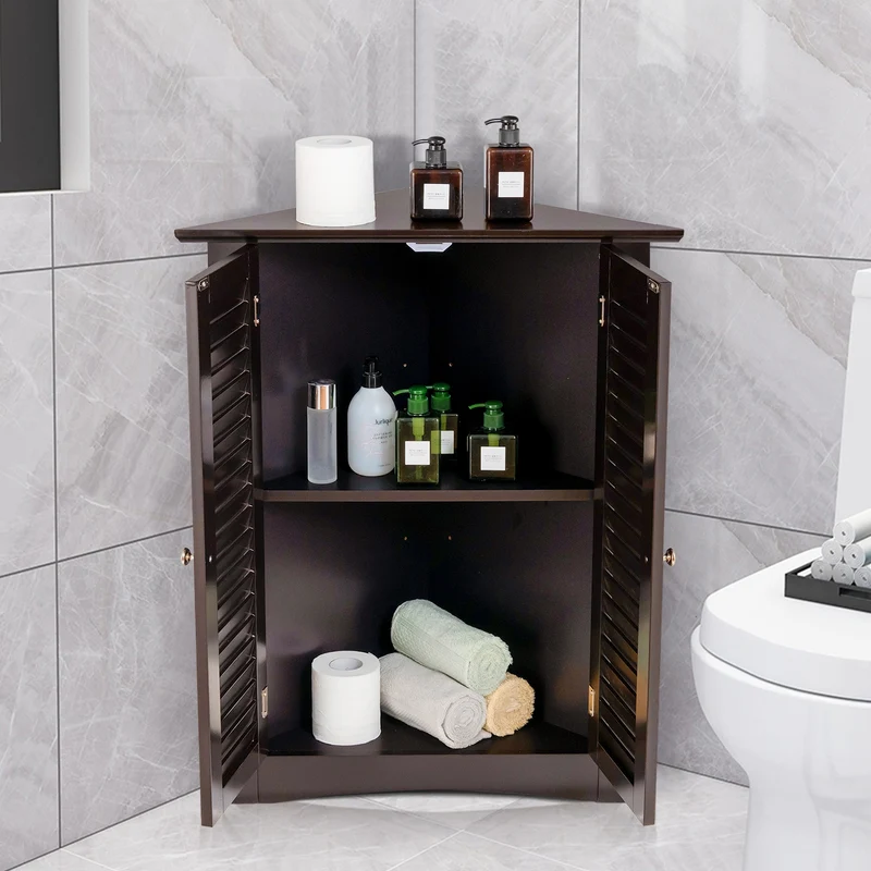 Corner Storage Cabinet, Freestanding Floor, Shutter Door, Brown