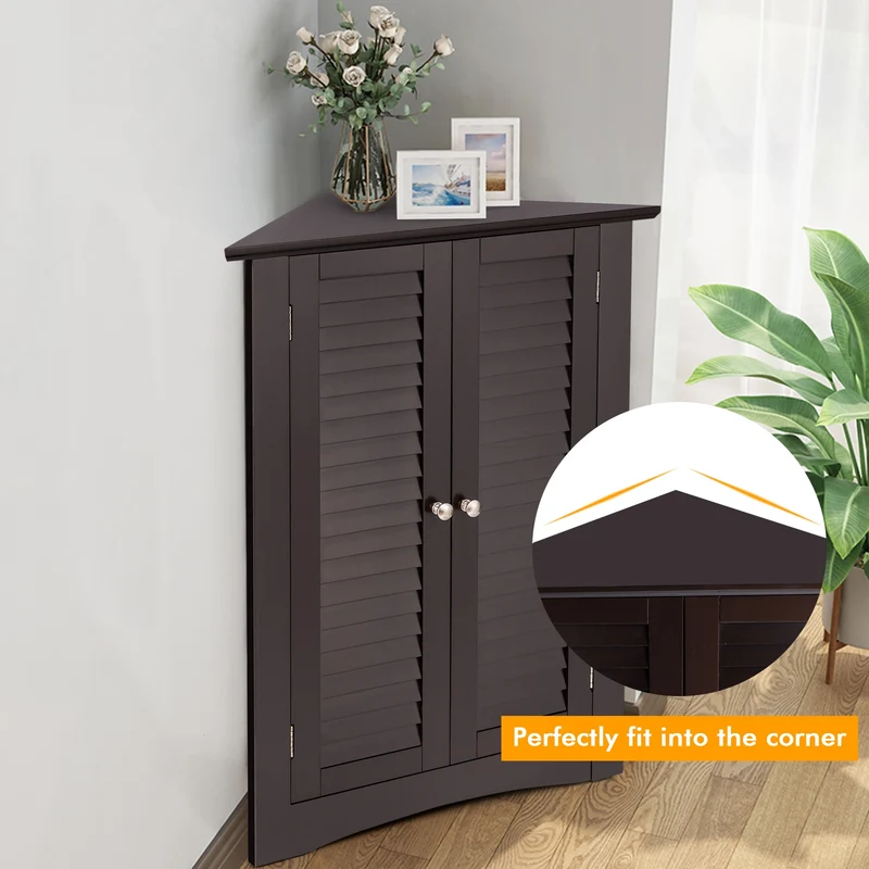 Corner Storage Cabinet, Freestanding Floor, Shutter Door, Brown