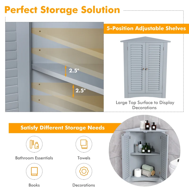 Freestanding Bathroom Corner Cabinet, Shutter Door, Gray