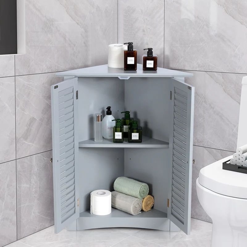 Freestanding Bathroom Corner Cabinet, Shutter Door, Gray