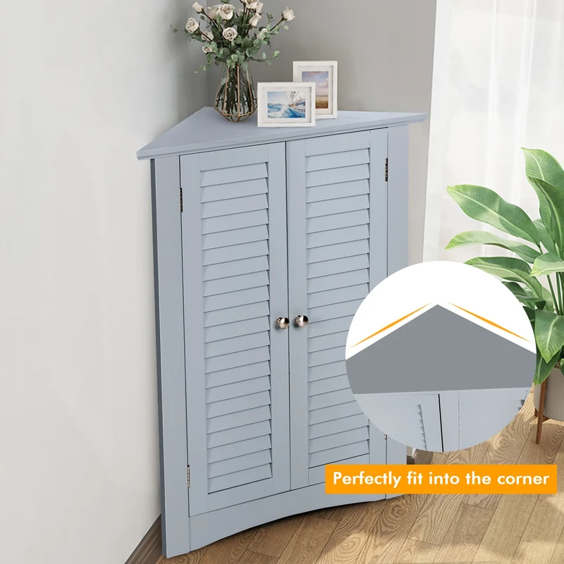 Freestanding Bathroom Corner Cabinet, Shutter Door, Gray