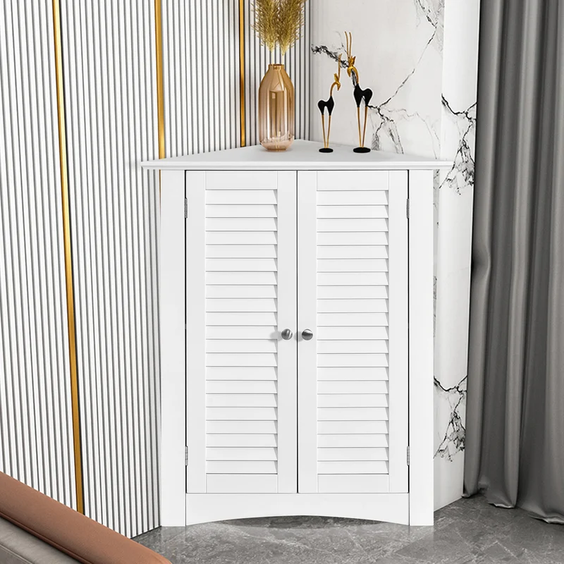 Corner Storage Cabinet, Freestanding Floor, Shutter Door, White