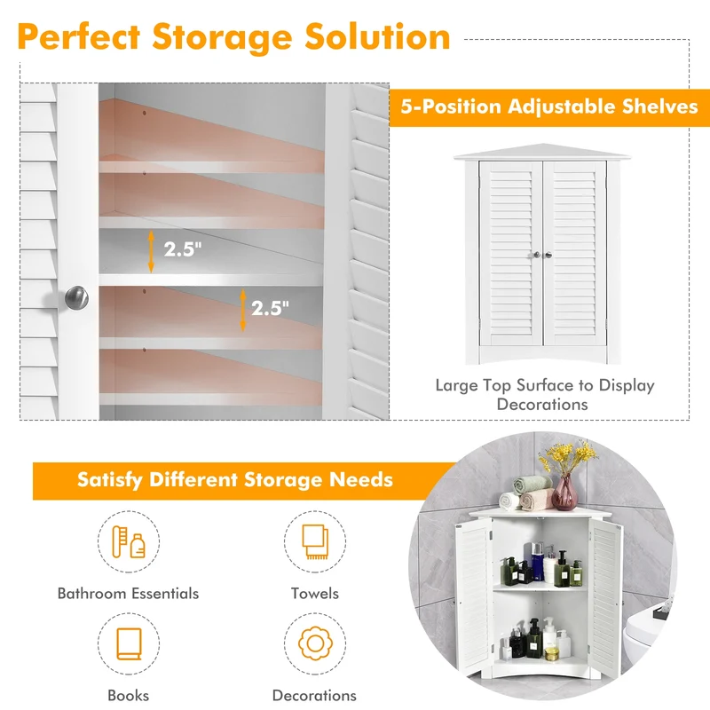 Corner Storage Cabinet, Freestanding Floor, Shutter Door, White