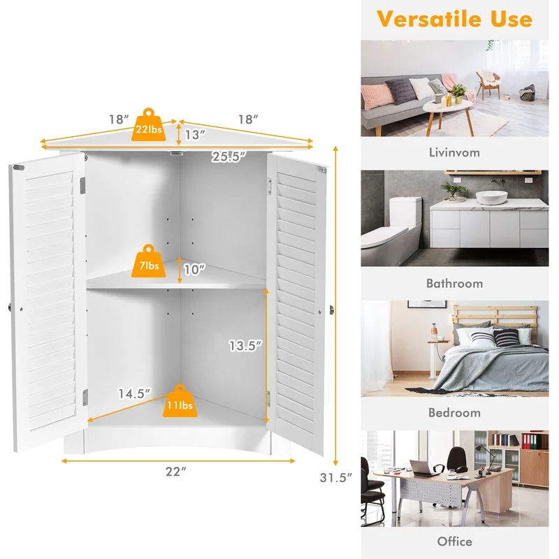 Corner Storage Cabinet, Freestanding Floor, Shutter Door, White