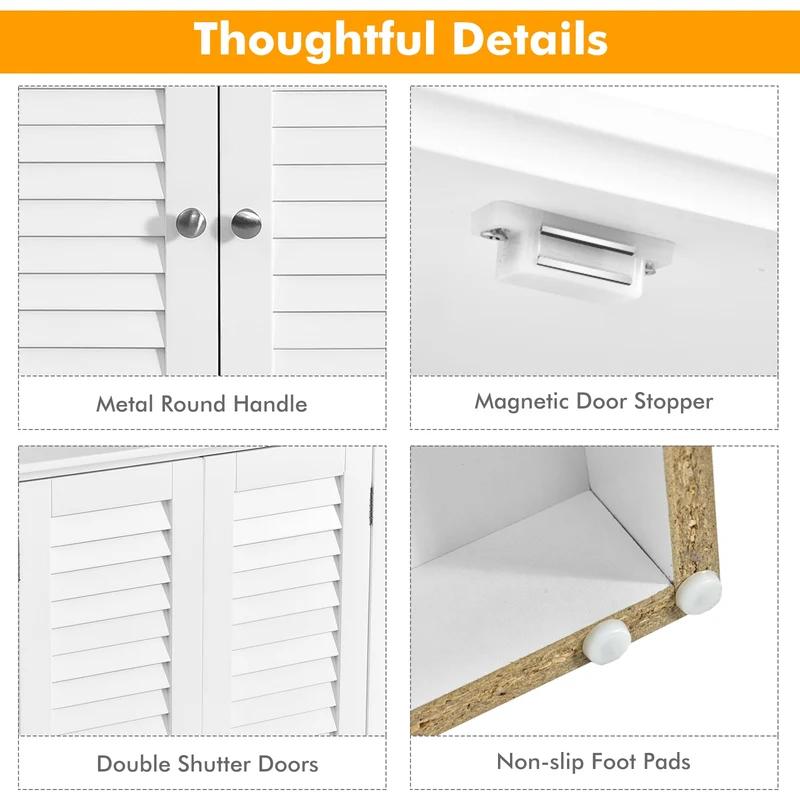 Corner Storage Cabinet, Freestanding Floor, Shutter Door, White