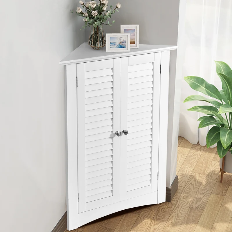 Corner Storage Cabinet, Freestanding Floor, Shutter Door, White