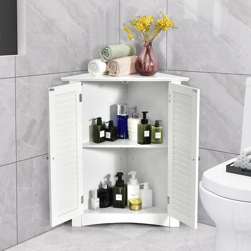 Corner Storage Cabinet, Freestanding Floor, Shutter Door, White