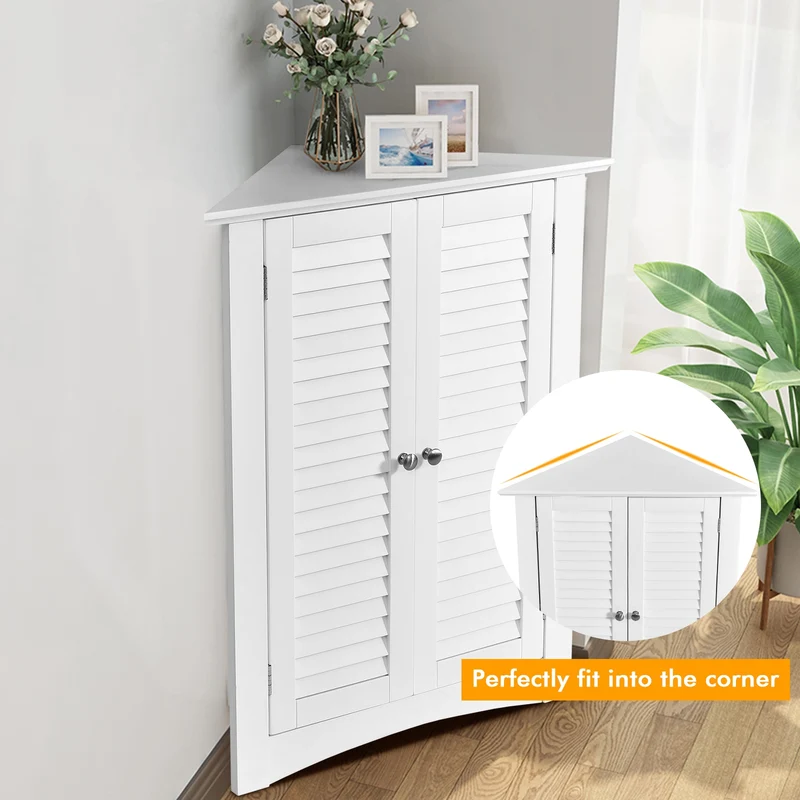 Corner Storage Cabinet, Freestanding Floor, Shutter Door, White