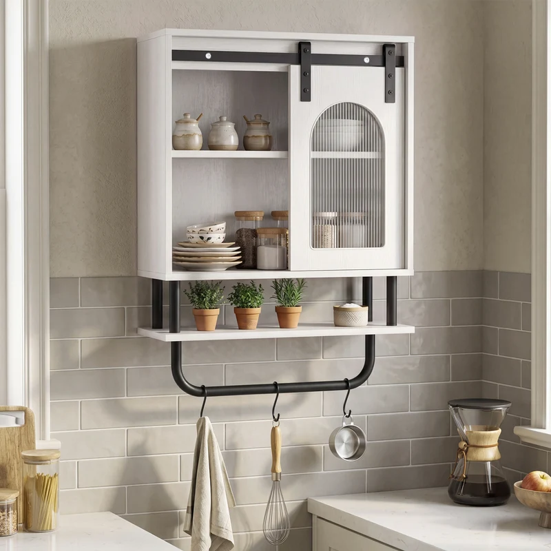 Bathroom Wall Cabinet, Sliding Barn Door, White