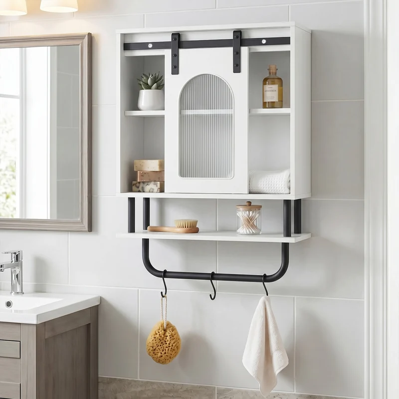 Bathroom Wall Cabinet, Sliding Barn Door, White