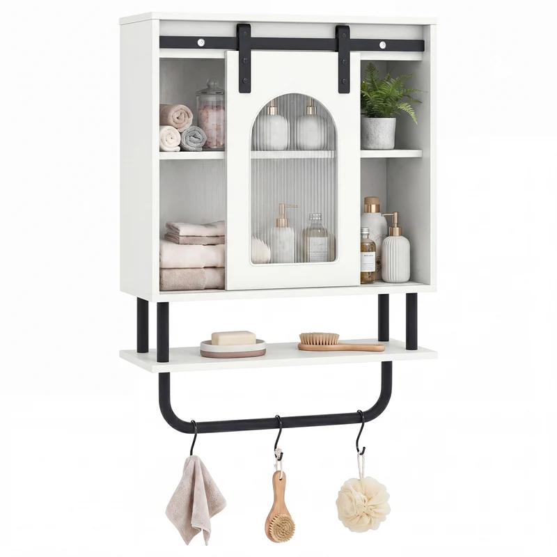 Bathroom Wall Cabinet, Sliding Barn Door, White