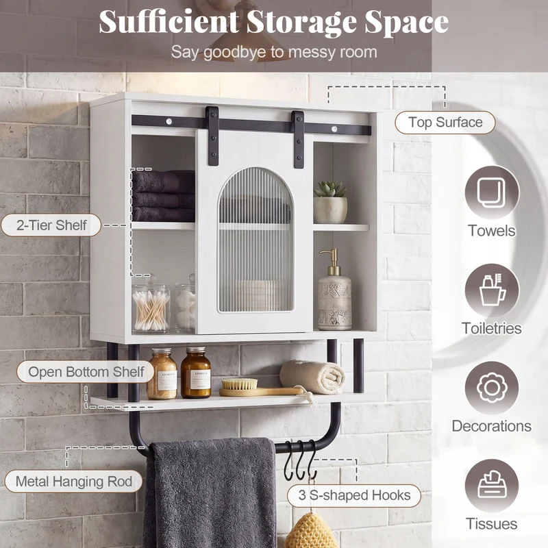 Bathroom Wall Cabinet, Sliding Barn Door, White