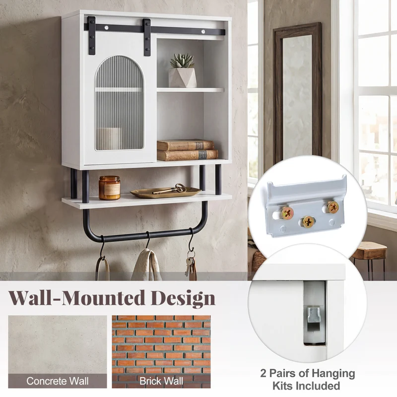 Bathroom Wall Cabinet, Sliding Barn Door, White