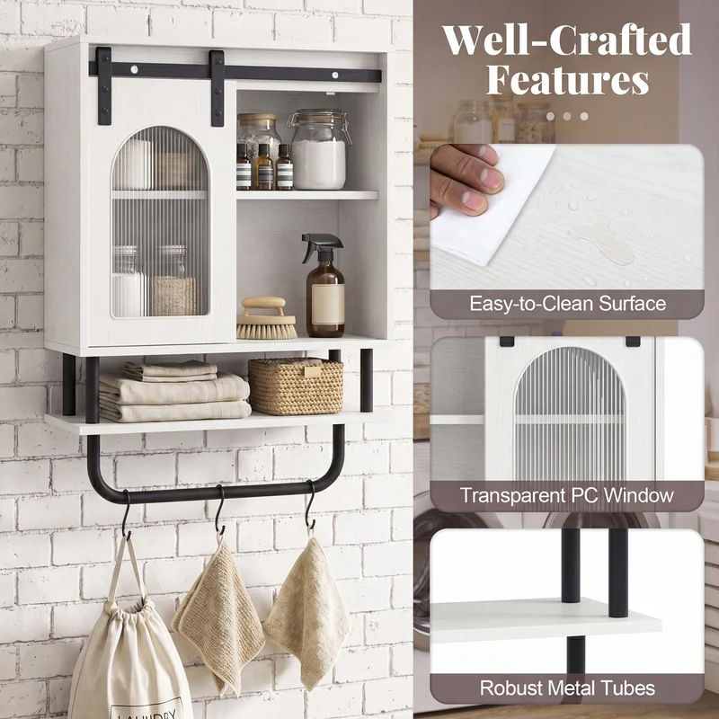 Bathroom Wall Cabinet, Sliding Barn Door, White