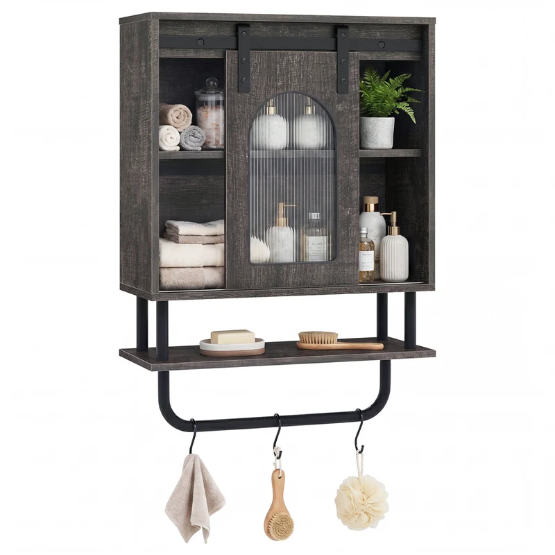 Bathroom Wall Cabinet, Sliding Barn Door, Metal Hanging Bar, 3 Hooks, Black
