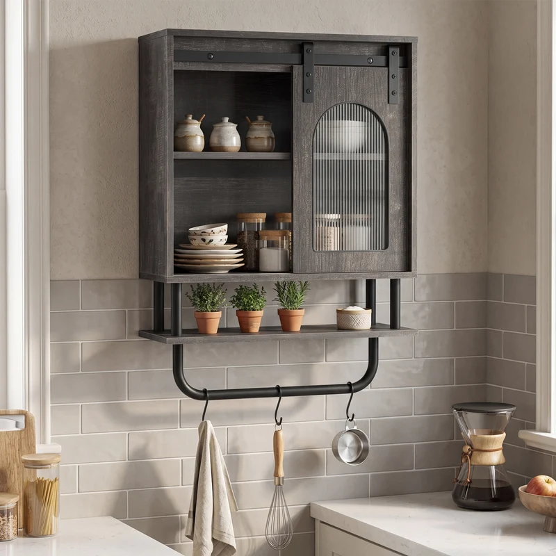 Bathroom Wall Cabinet, Sliding Barn Door, Metal Hanging Bar, 3 Hooks, Black