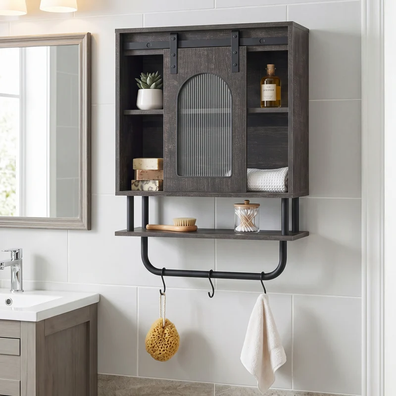Bathroom Wall Cabinet, Sliding Barn Door, Metal Hanging Bar, 3 Hooks, Black