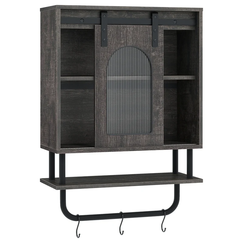 Bathroom Wall Cabinet, Sliding Barn Door, Metal Hanging Bar, 3 Hooks, Black