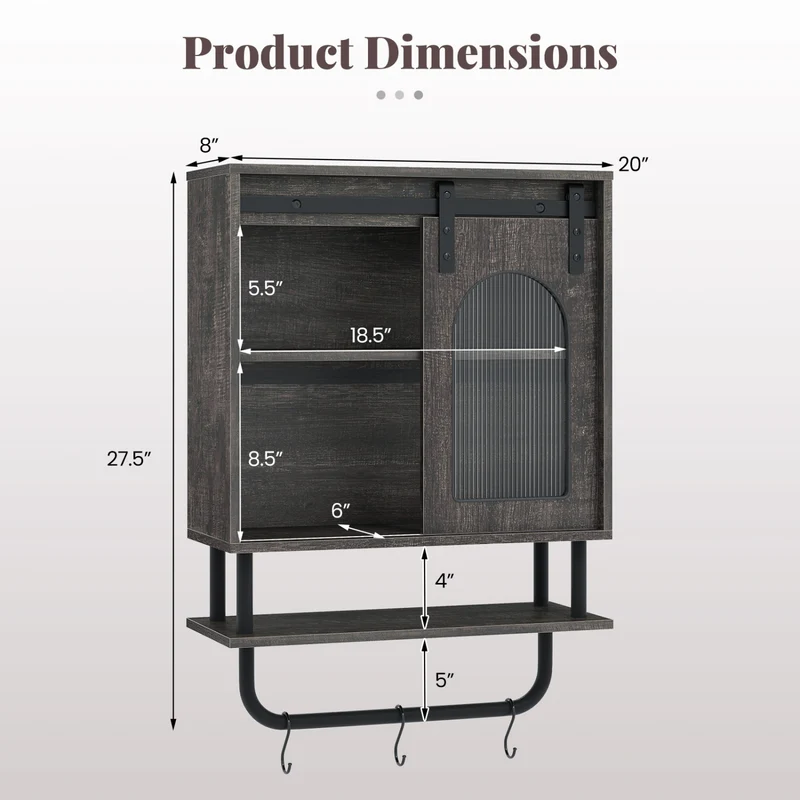 Bathroom Wall Cabinet, Sliding Barn Door, Metal Hanging Bar, 3 Hooks, Black