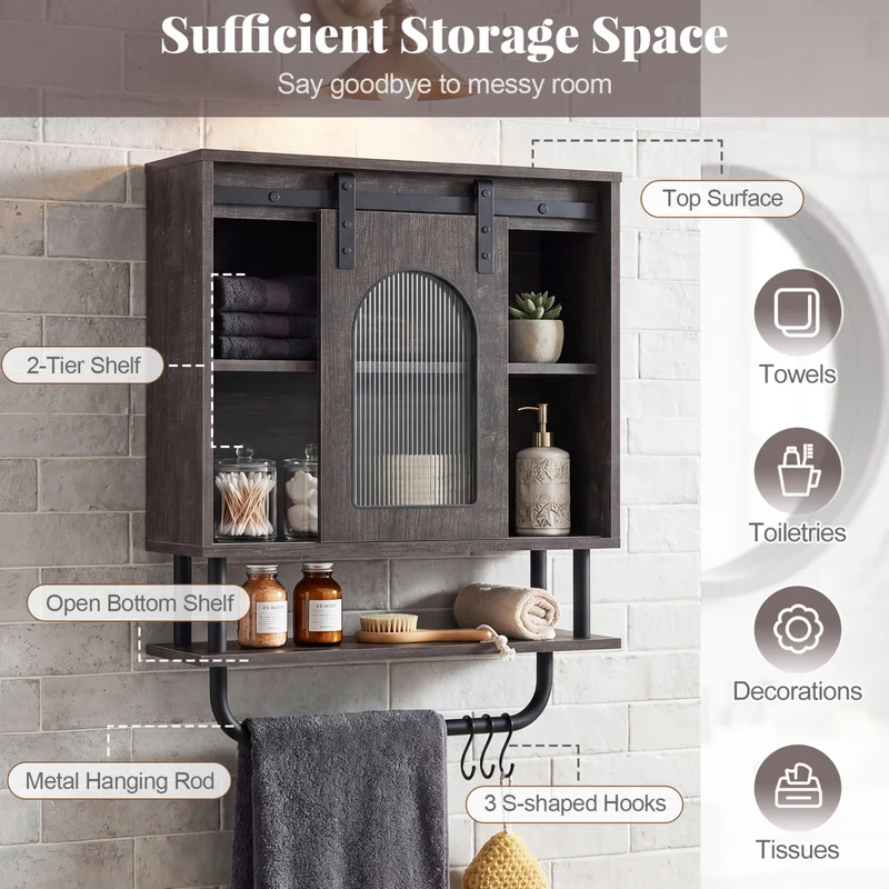 Bathroom Wall Cabinet, Sliding Barn Door, Metal Hanging Bar, 3 Hooks, Black