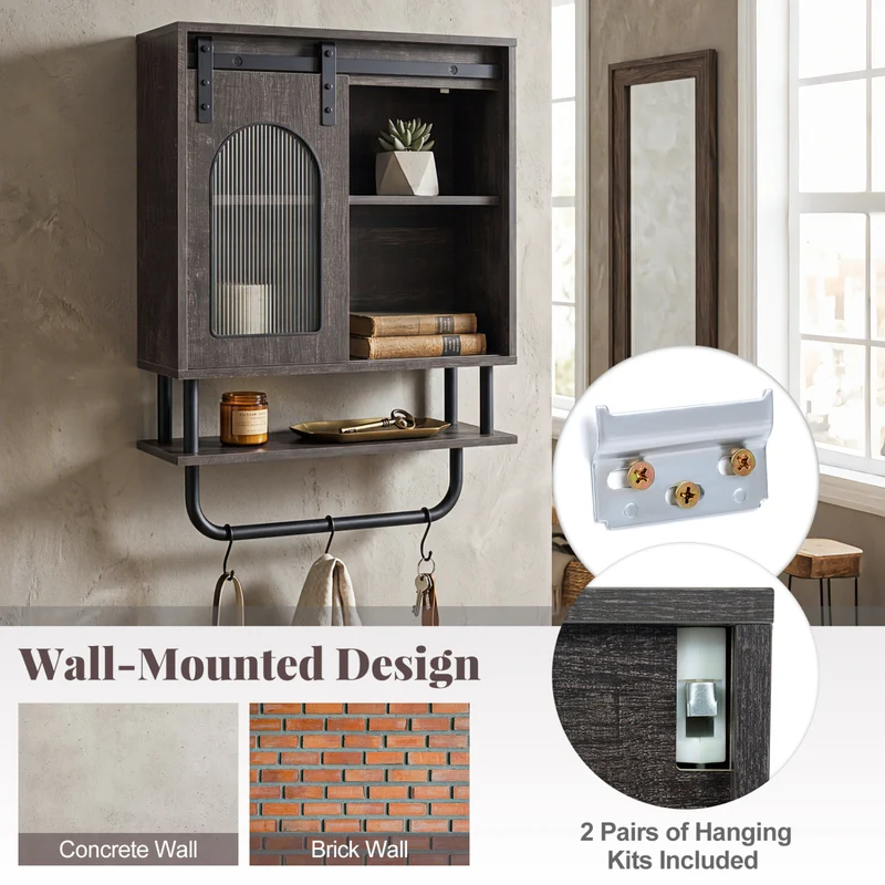 Bathroom Wall Cabinet, Sliding Barn Door, Metal Hanging Bar, 3 Hooks, Black
