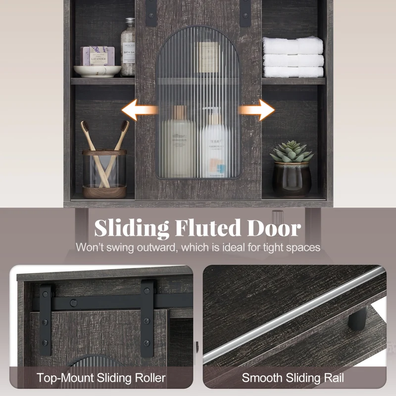 Bathroom Wall Cabinet, Sliding Barn Door, Metal Hanging Bar, 3 Hooks, Black