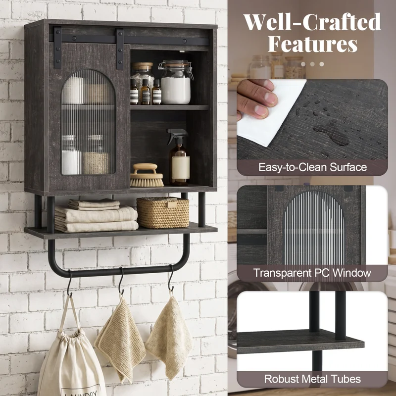 Bathroom Wall Cabinet, Sliding Barn Door, Metal Hanging Bar, 3 Hooks, Black
