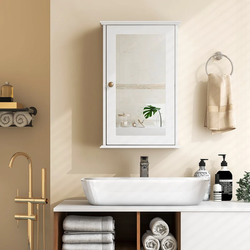 Bathroom Wall Cabinet, Single Mirror Door, White
