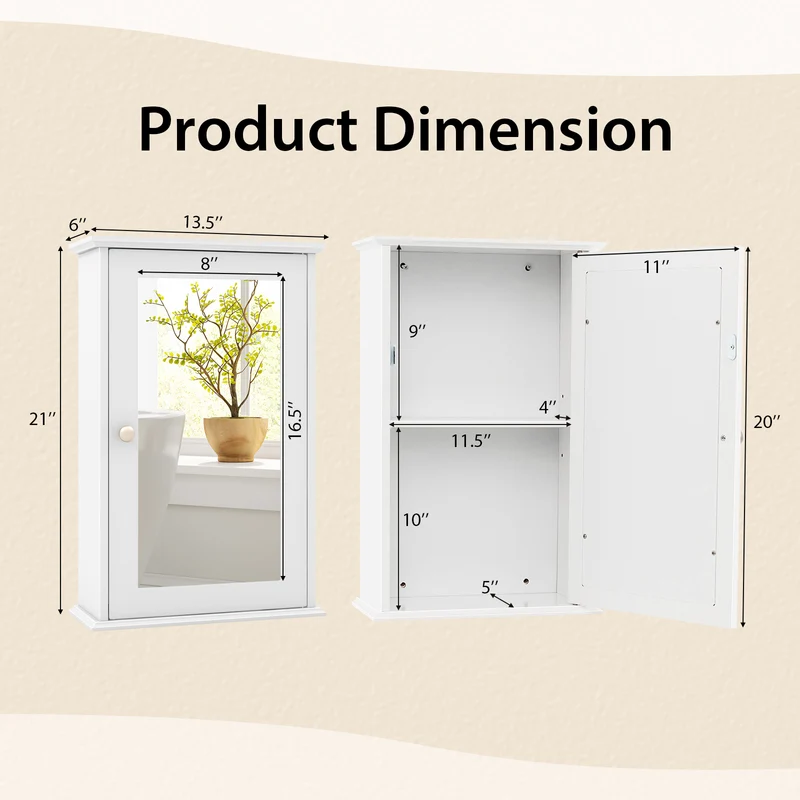 Bathroom Wall Cabinet, Single Mirror Door, White