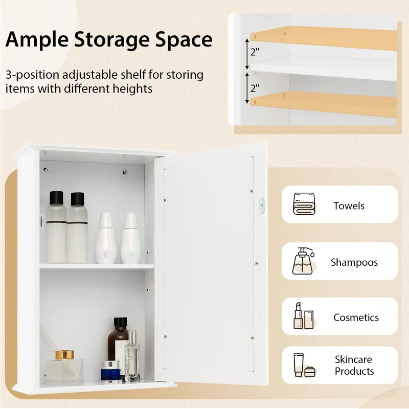 Bathroom Wall Cabinet, Single Mirror Door, White