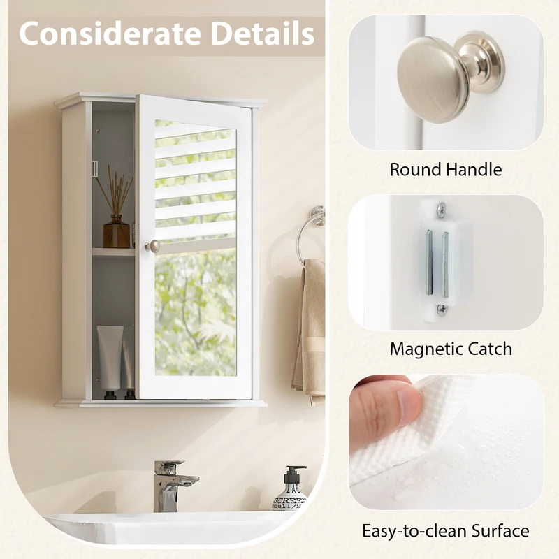 Bathroom Wall Cabinet, Single Mirror Door, White