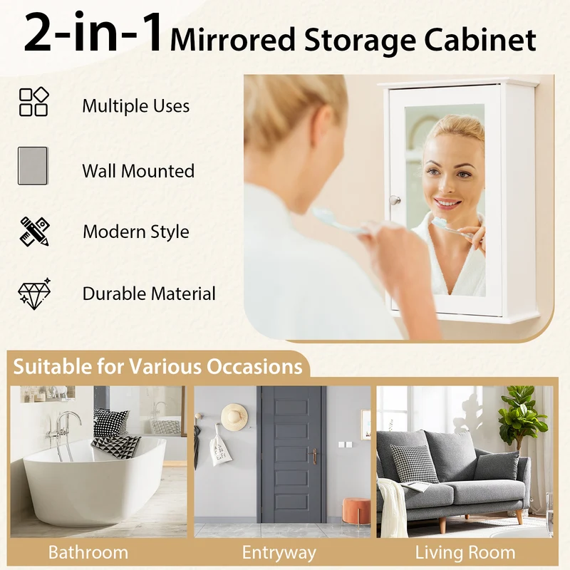 Bathroom Wall Cabinet, Single Mirror Door, White