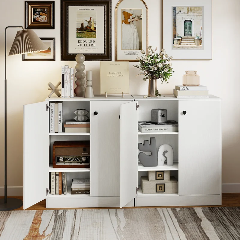 2 Door Storage Cabinet, 3-Tier Shelf, White